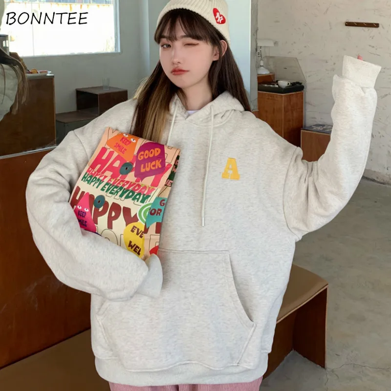 

Hoodies Women Loose Autumn Long Sleeve Letter Lazy Velvet Thicker Female Sweatshirts Streetwear Korean Style Fashion Casual Chic