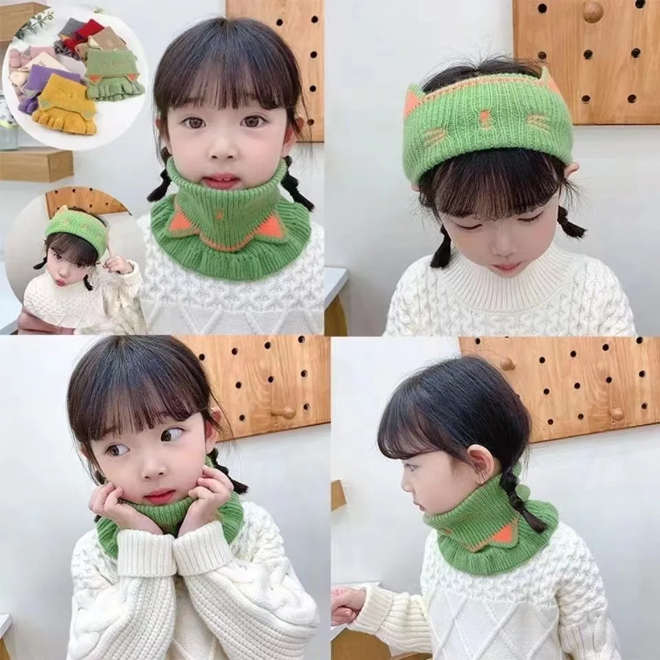 

2022 new Korean version children's scarf cartoon cat hair neck set hairband dual-use winter men and women baby cute warm scarf
