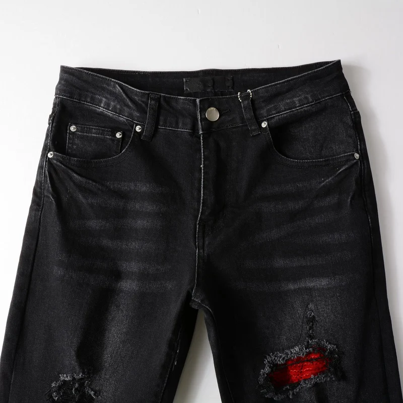 2023 New Arrival Black Mens Fashion Slim Fit High Streetwear Trip Snake Pencil Skinny Stretch Destroyed Holes Ripped Jeans 886#