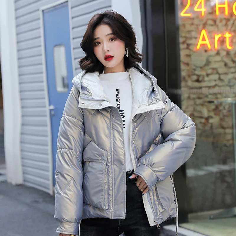 Women 2021 New Casual Drawstring Big Pocket Parkas Coats Short Glossy Hooded Parka Solid Color Winter Loose Jackets for Female