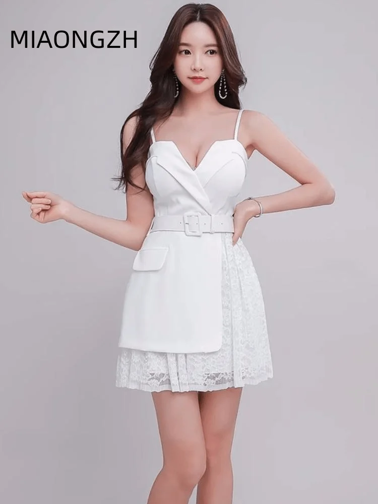 

White Slip Sensual For Women Dress Patchwork Belt Sexy Party Dresses Elegant Mini Bodysuit Female Birthday Summer New Skirt 2023