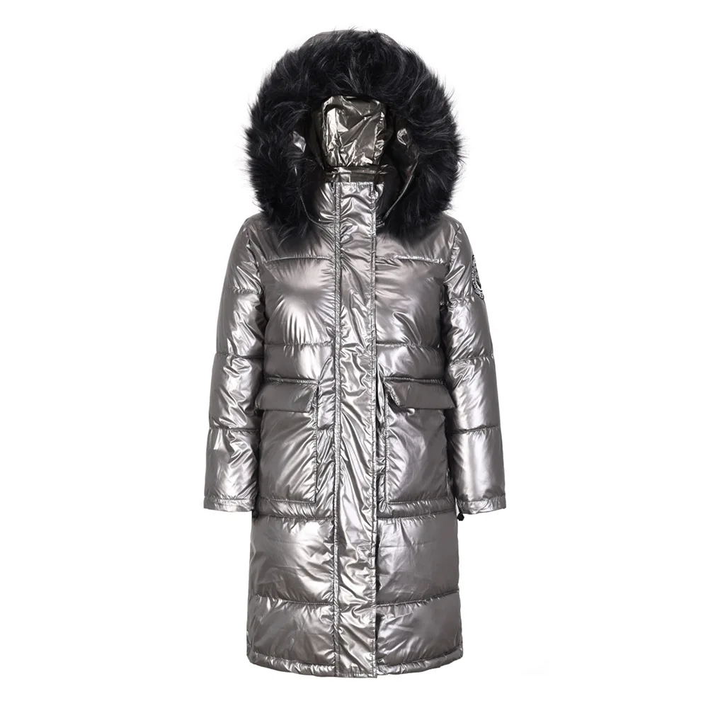 Women White Duck Coat Winter Long Silver Shiny Down Jacket Korean Loose Padded Big Fur Hooded Warm Cotton Harajuku Jacket Female