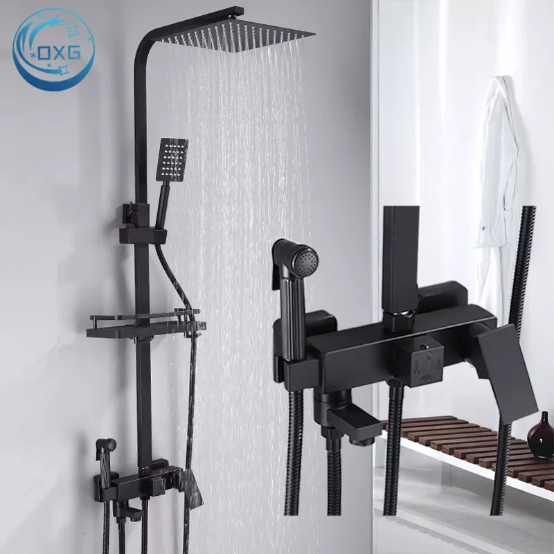 

OXG Brass Shower Faucets Bathroom Shower Mixer Crane Bidet Faucet Rainfall Shower Set Shower Spray With Shelf,Black/Chrome