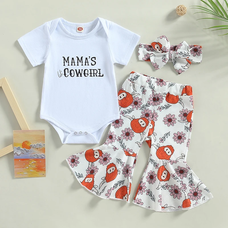 

0-18M Baby Girls Summer Clothes Sets 3pcs Short Sleeve Letter Print Romper + Cow Floral Flared Pants + Headband
