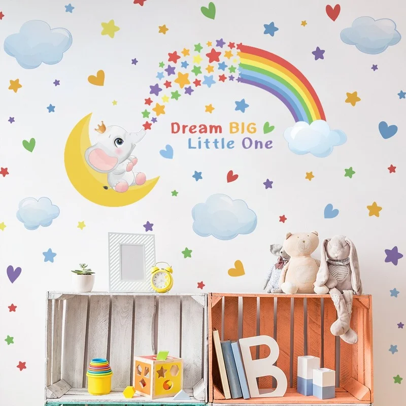 

Wall Stickers Elephant Moon Stickers Vinyl Adhesives Rainbow Art Decorative Children's Room Baby Home Decoration