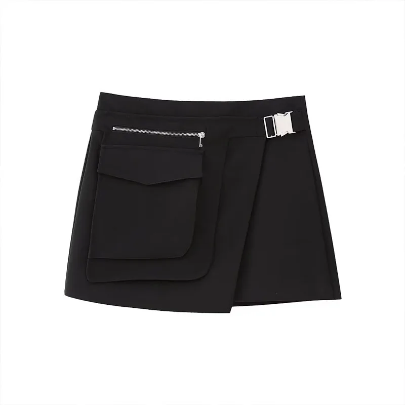 

Women 2023 New Fashion Asymmetrical Black Mini Skirt Vintage Pockets Zip Fly High-Waisted Female Skirts Mujer
