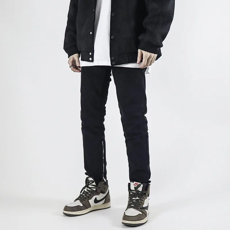 Four Seasons Men Black Jeans High Street Straight Slim Small Feet Black Zipper Design Jeans Trendy Y2K Pants Ins Hot Sale JEANS