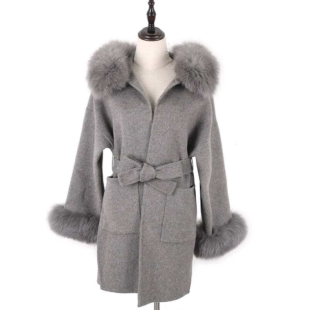 FURYOUME 2022 Winter Women Casual Cashmere Wool Blends Real Fur Coat Natural Fox Fur Collar Hooded Jacket Streetwear Loose Brand