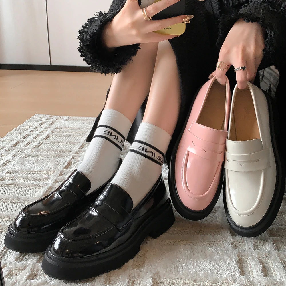 Kanseet Platform Women's Shoes 2023 Spring Round Toe High Quality Causal Loafers Genuine Leather Chunky Heels Lady Footwear Pink