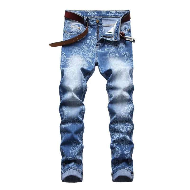 Men's Jeans Print Vintage Blue Jeans Men Motorcycle Slim Straight Pants Hip Hop Denim Trousers Streetwear Punk Denim Clothing