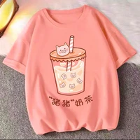 summer 100 cotton tees female harajuku y2k clothes loose anime vitality pig milk tea print short sleeved t shirts women tops