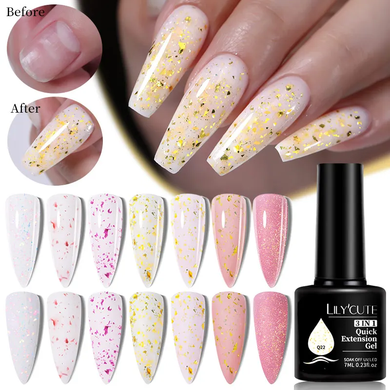 

LILYCUTE 7ML Quick Extension Nail Gel Laser Gold Glitter Effect Vernis Semi Permanent Gel Nail Polish Nail Art Hard Gel Varnish