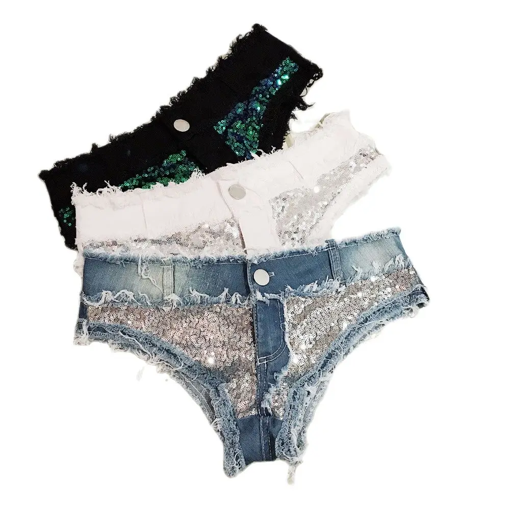 

2022 New Sexy Low Waist Sequined Denim Shorts Jeans Skinny Clubwear Dj Dance Shorts Blue Black S M L