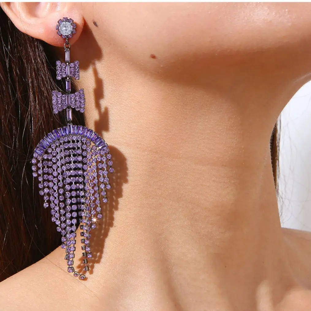 Temperament Luxury Rhinestone Long Tassel Earrings for Woman Party Accessories