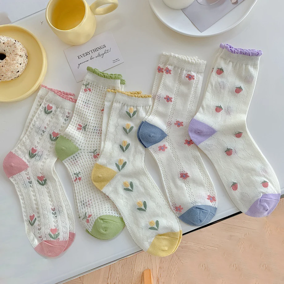 

Summer Thin Mesh Floral Print White Japanese Kawaii Cute Frilly Socks Women Cotton Hollow Out Lace School Girls High Long Socks