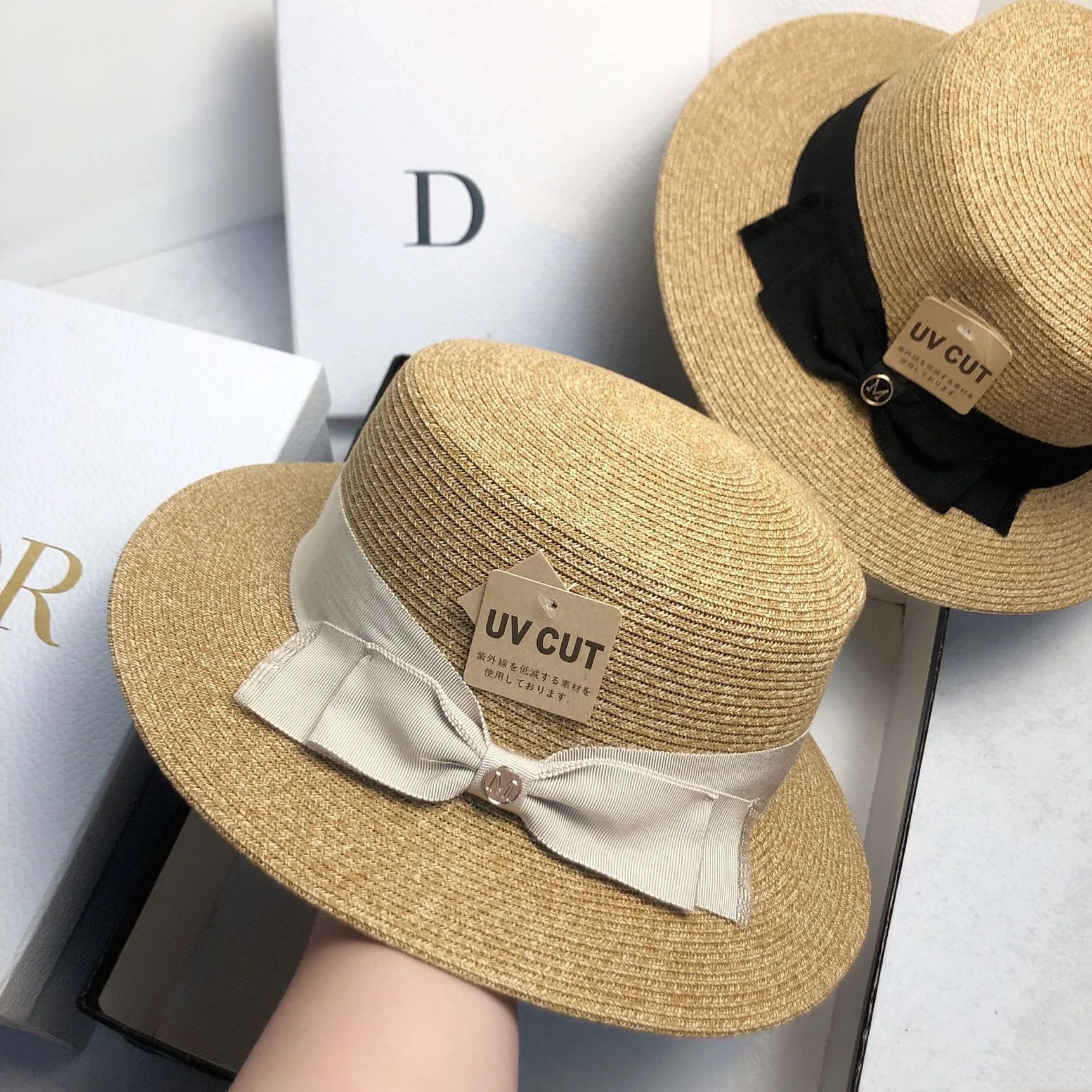New Japanese fine grass encryption raffia bow flat top hat summer high quality sun protection straw hat UV beach hat woman