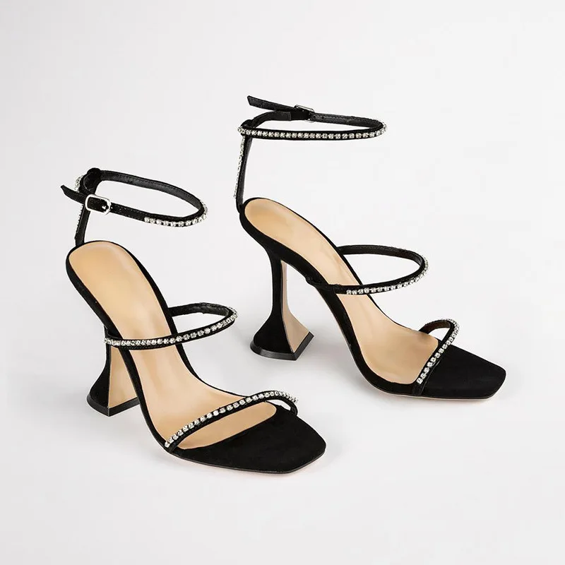 2023 New High Heels Square Toe Wine Glass with A Word with Large Size Sexy Rhinestone Sandals Women