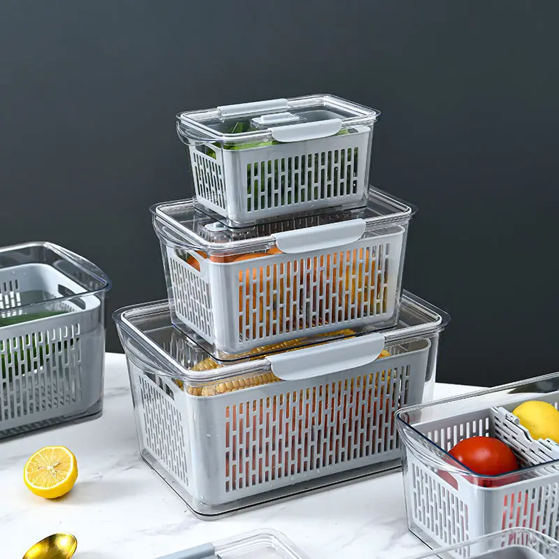 

Double-Layer Storage Box Refrigerator Organizer Kitchen Food Containers Fresh-Keeping Sealed Boxes Vegetable Fruit Drain Basket