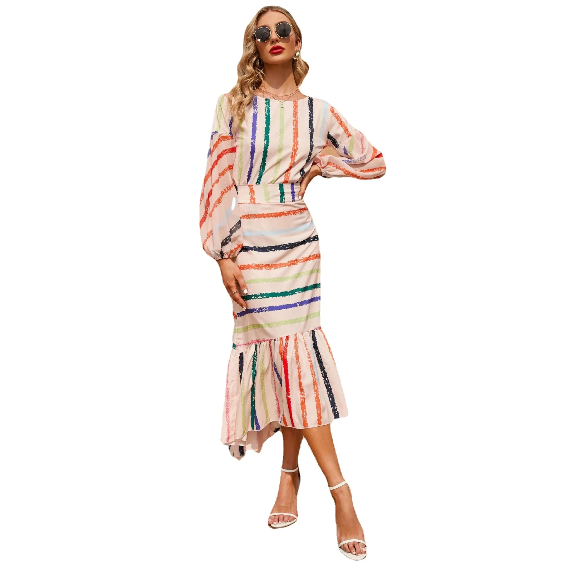 

long sleeve top and skirt set /Crew Neck Long Sleeve Rainbow Striped Top Skirt Two Piece Set/two-piece fashion top and skirt