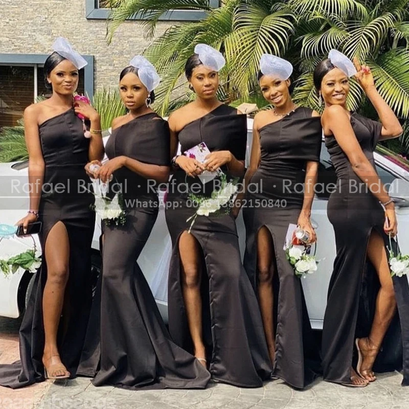 

Sexy High Slit One Shoulder Bridesmaid Dresses Mermaid Sleeveless Black Girls Trumpet Bridal Party Dress Maid Of Honor