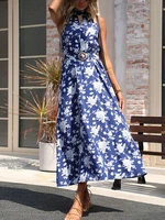 nocturnal beast high end 2022 new european and american casual fashion womens holiday style print blue halterneck dress