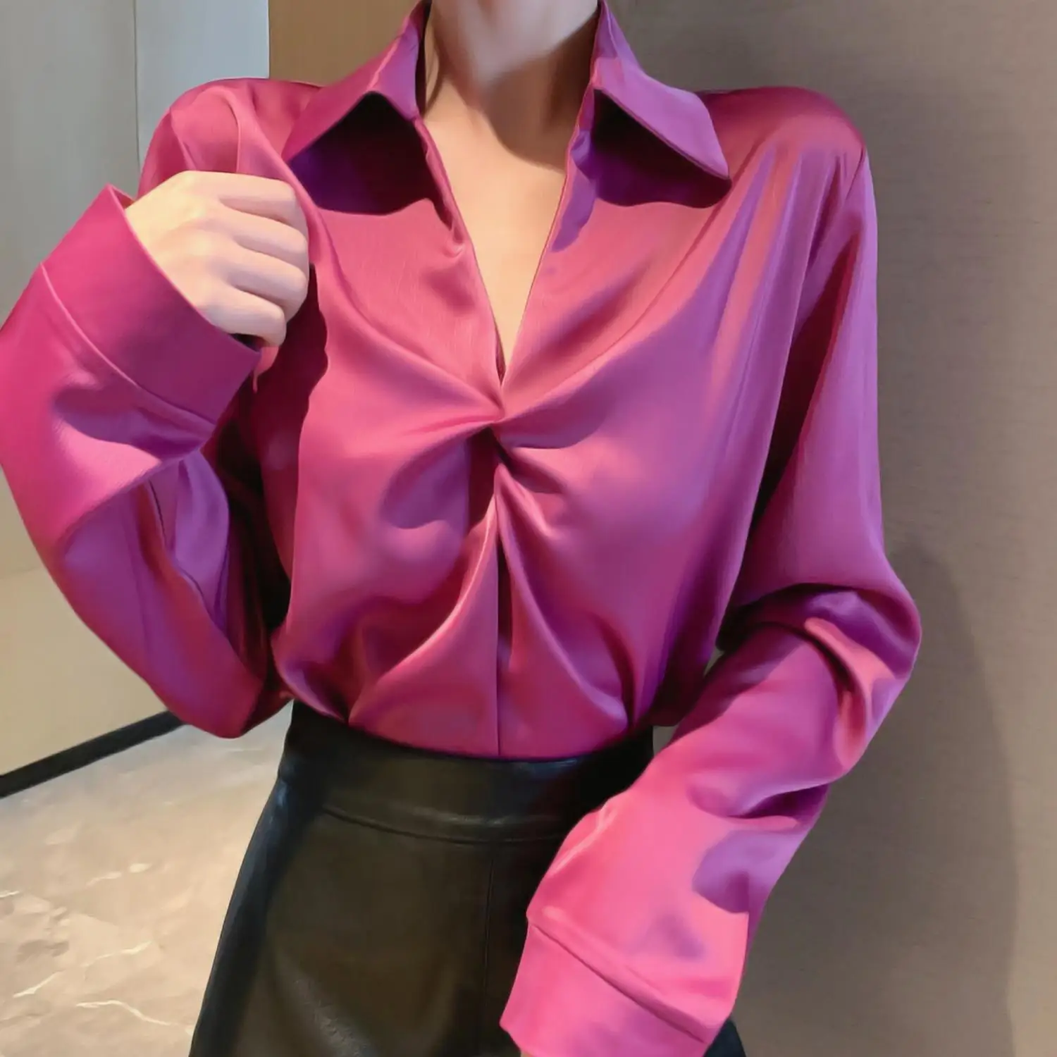 

Женские топы, блузки, однотонная атласная блузка, Офисная рубашка, блузы, женские рубашки с длинным рукавом, Фиолетовые женские шикарные пуловеры B28