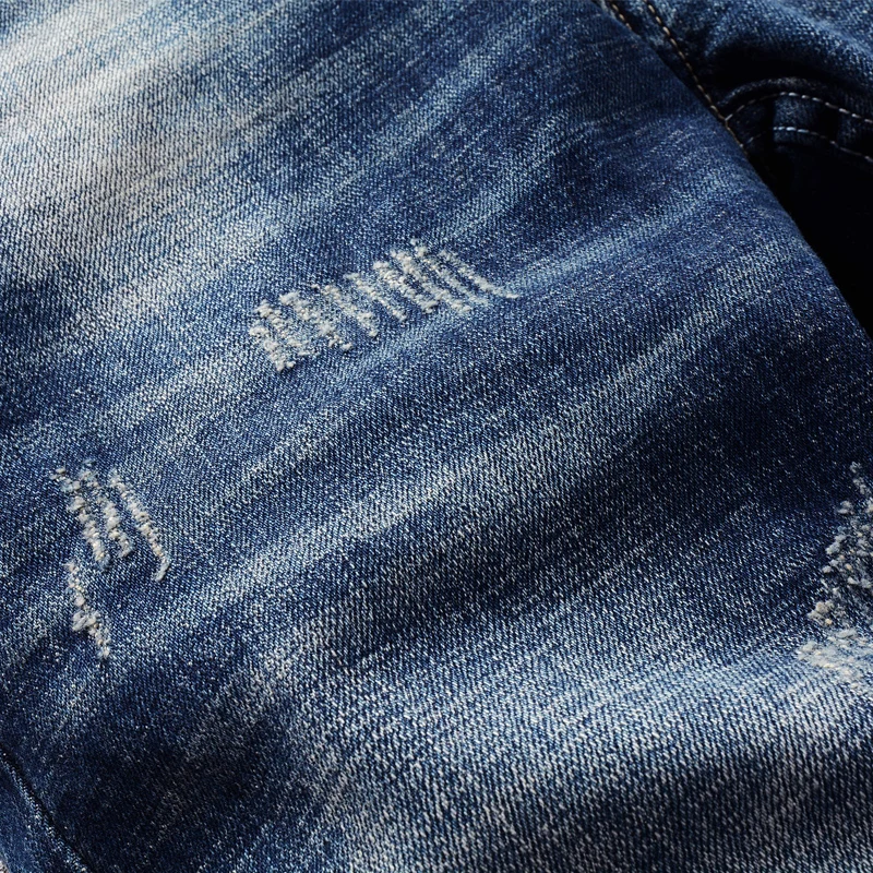 Fashion Designer Men Jeans Retro Dark Blue Elastic Slim Ripped Jeans Men Casual Trousers Embroidery Vintage Denim Pants Hombre