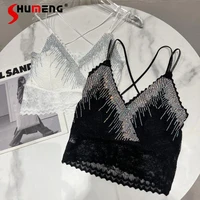 2022 summer new sexy rhinestone lace crocheted chest pad camisole womens tank top sexy beauty back vest bras nightclub crop top