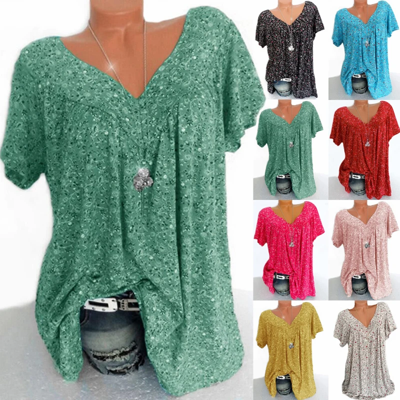 

S-5XL Floral Printed T-shirt Casua Summer Tshirt Women V-neck Pullover Tops Loose Casual Female Short Sleeve Shirt Blusas