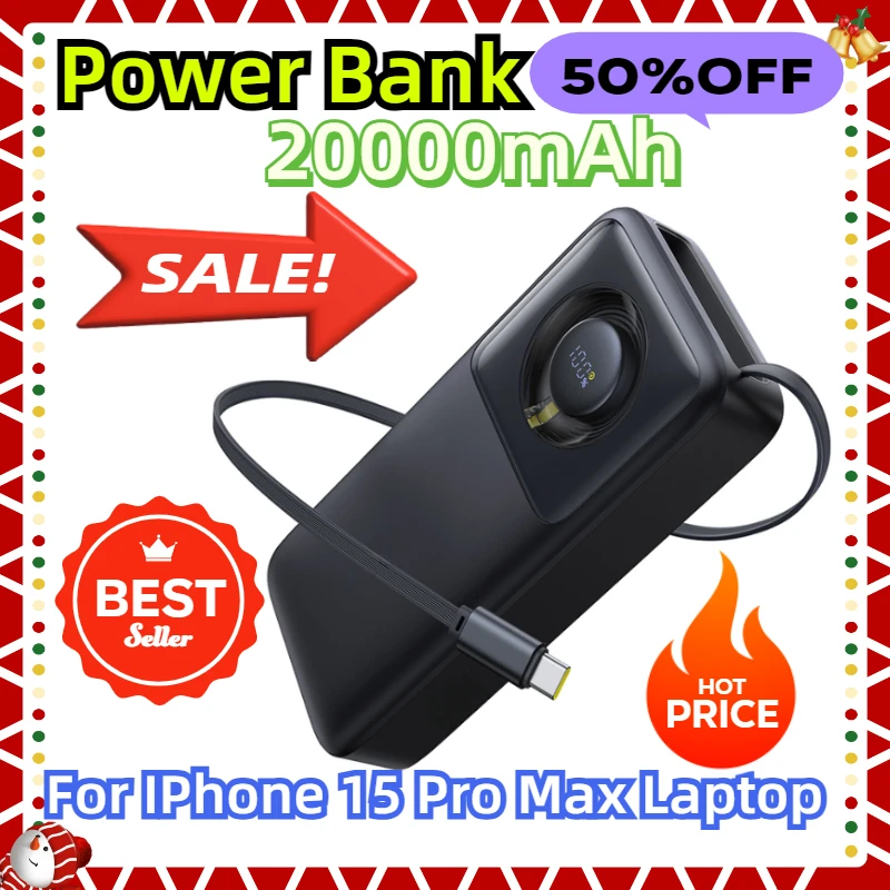 Для ноутбука IPhone 15 Pro Max 30 Вт Power Bank 20000 мАч Встроенный выдвижной кабель типа C