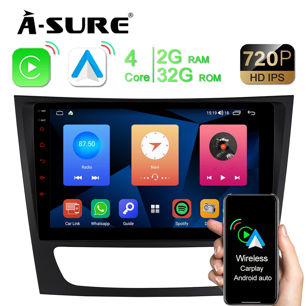 Автомобильный радиоприемник A-Sure 9 дюймов IPS Android беспроводной CarPlay GPS-навигация