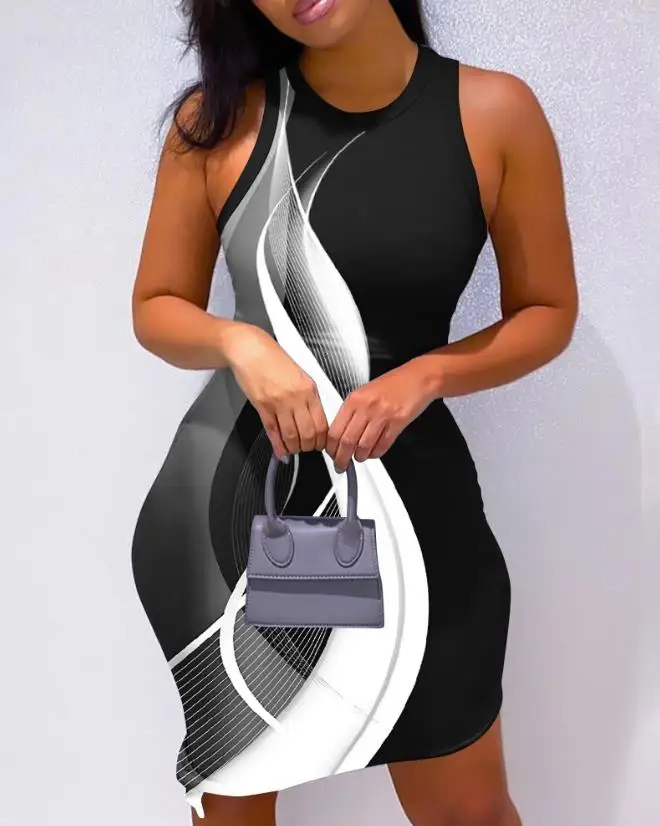 

Elegant Dresses for Women 2023 Sexy Abstract Print Colorblock Sleeveless Bodycon Skinny Mini Dress Fashion 2023 Summer Casual