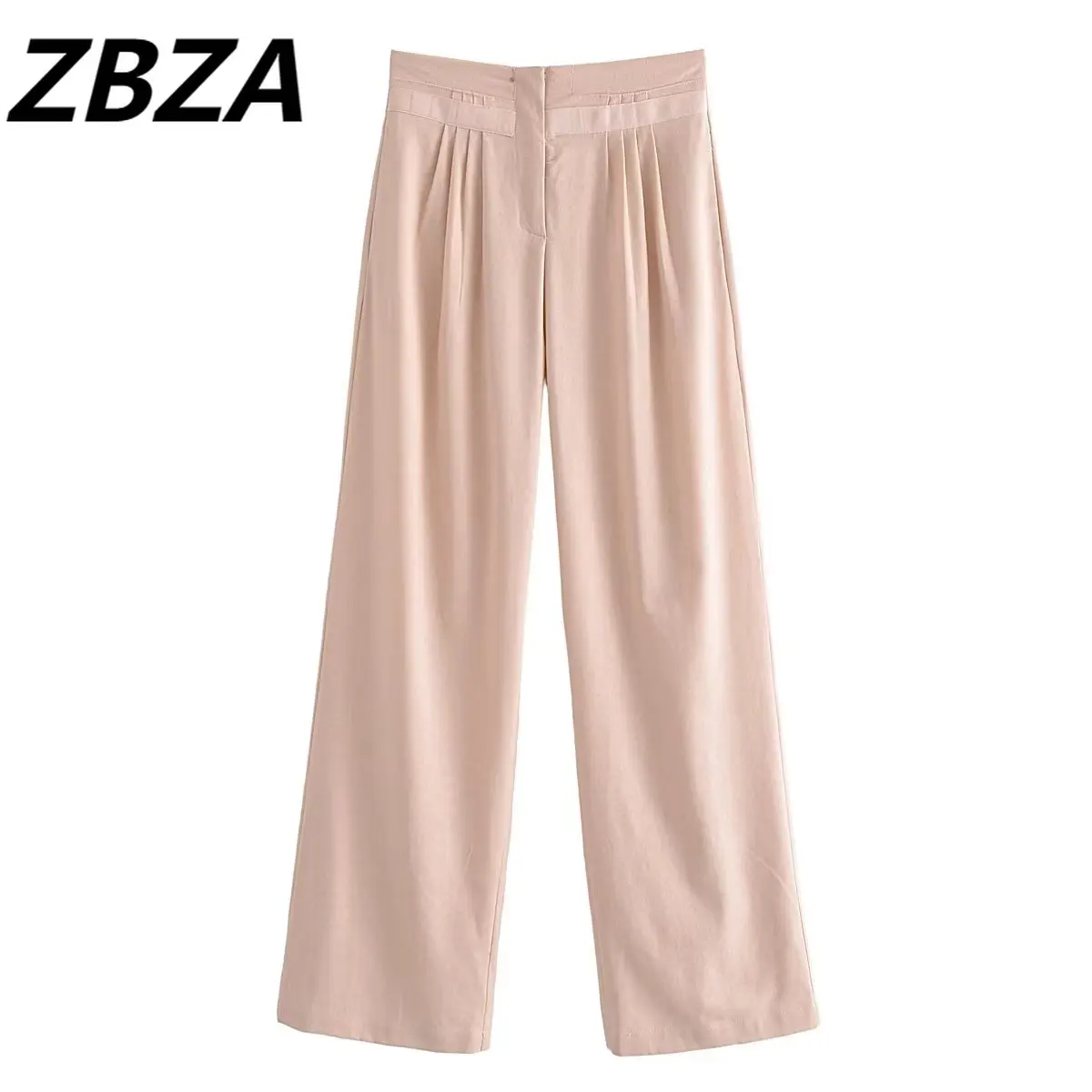 

ZBZA Women 2023 New Chic Fashion Summer Vintage Apricot Relaxed Frenulum Decoration Flax Blended Pleat Pants Female