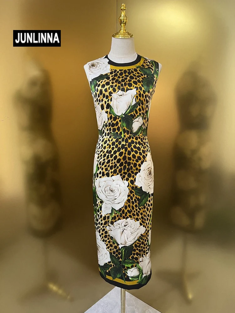 JUNLINNA Runway Women Pencil Dress Summer Elegant Leopard and Flower Printed Midi Vestidos Sleeveless Split Fashion
