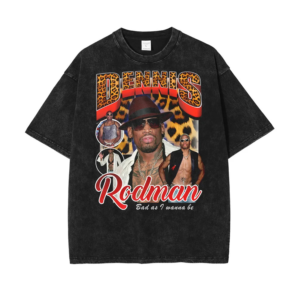 

Футболка мужская оверсайз в стиле хип-хоп, модная тенниска с промытым принтом Денниса родмена, хлопковая майка с портретным принтом в стиле Харадзюку, лето 2023