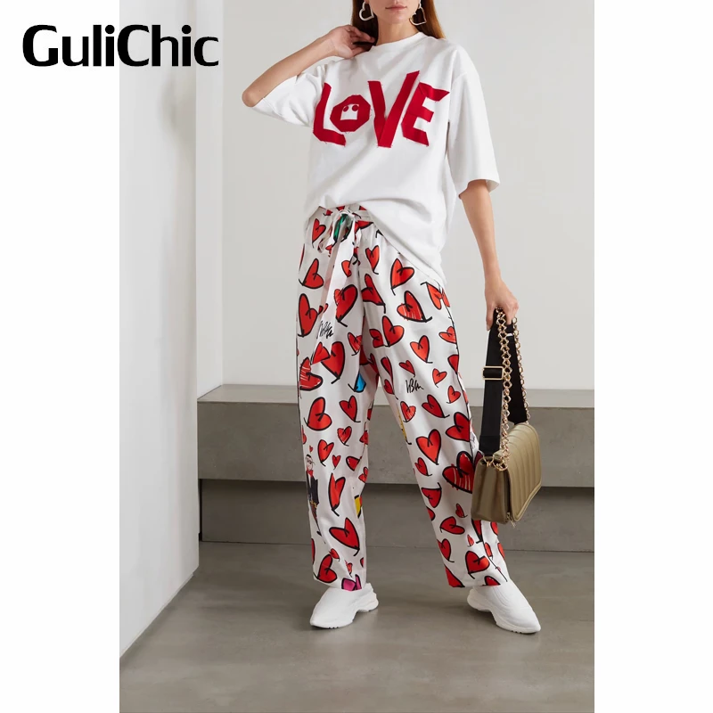 

4.4 GuliChic Letter Loose Cotton T-Shirt Or Love Graffiti Print High Waist Pants Casual Fashion Set Women