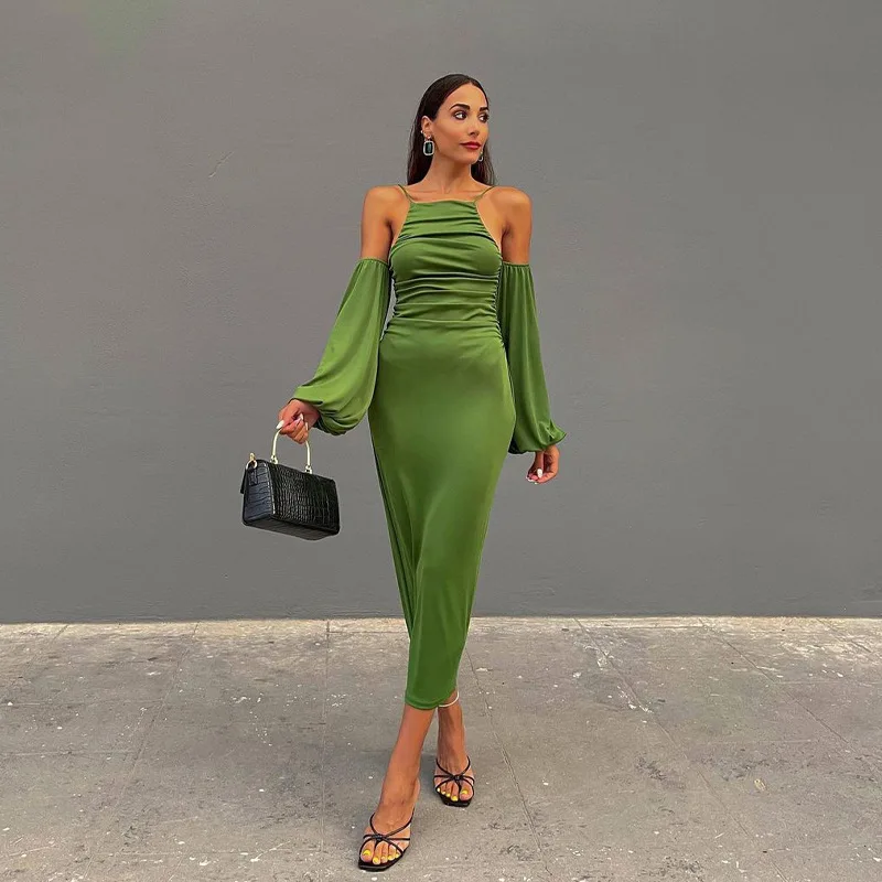 

2021 Spring and Autumn Ladies Green Pleated Open Back Strapless Sheath Dress New Strapless Long Puff Sleeve Loose Fashion Dress