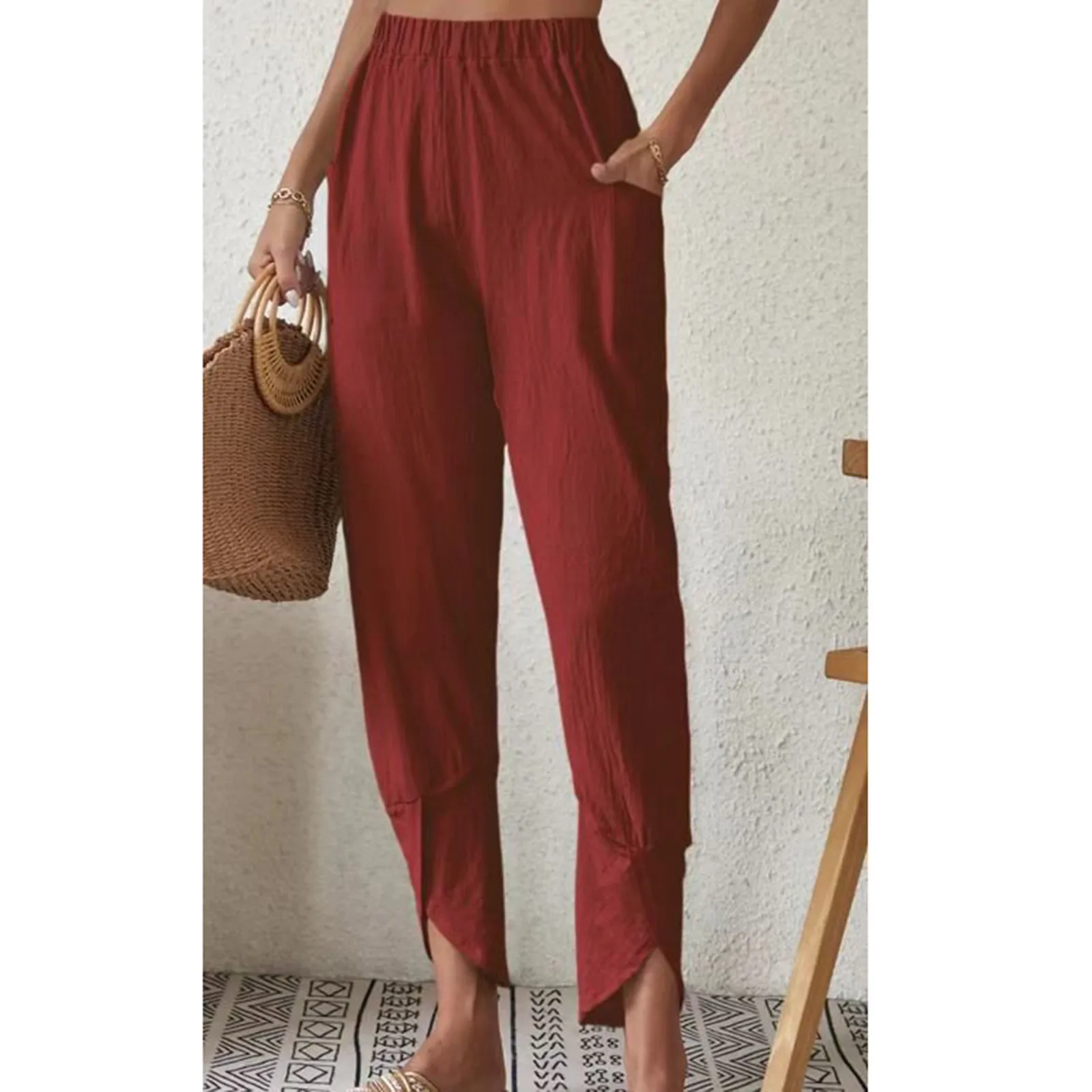

Elastic Solid Women Pockets Long Pants Waist Casual Loose Trousers Pants Pants