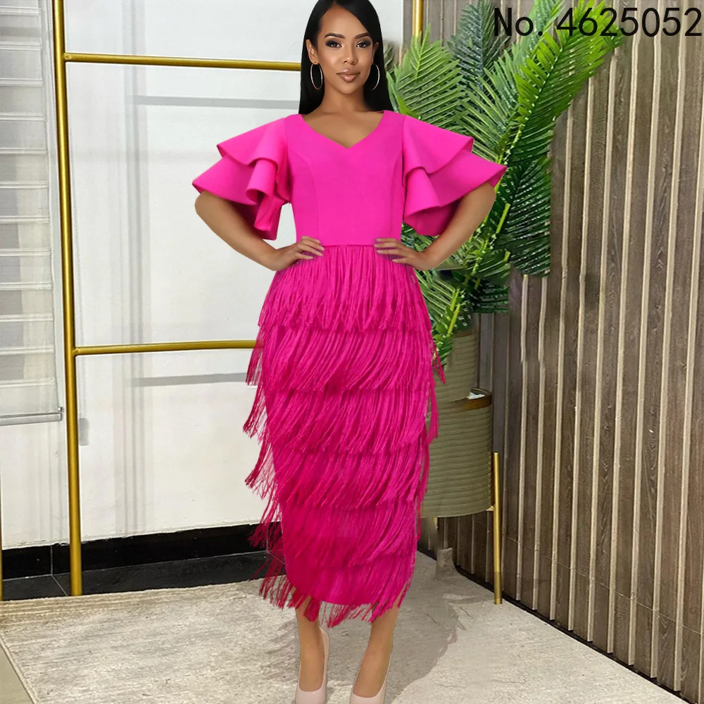 

Tassel Women Dress Bodycon Slim Party Ruffles Sleeves V Neck Fringe Celebrate Elegant Fashion Prom Lady Package Hip Summer Gown
