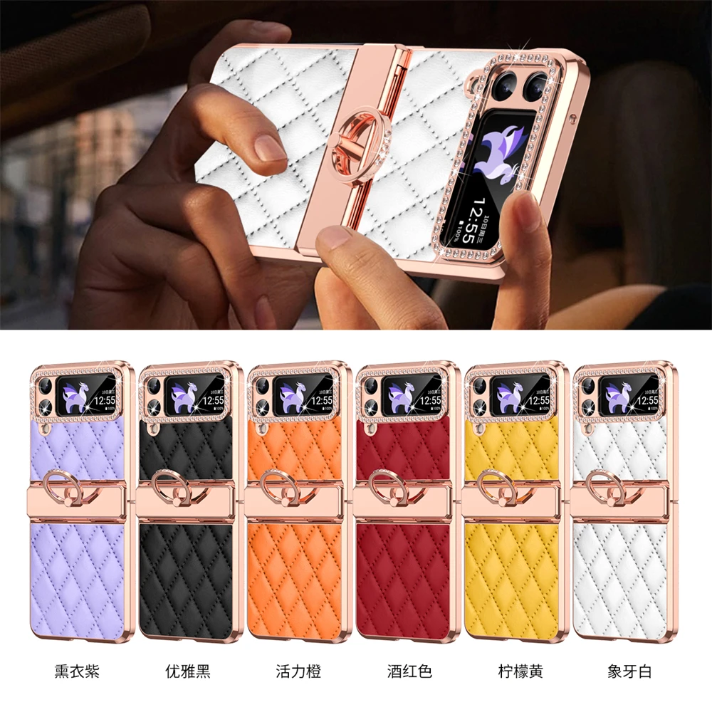

Luxury PU Leather Electroplated Mobile Shell for Samsung Galaxy Flip 4 Flip3 Phone Cover With Finger Ring Jewelled Glitter Case