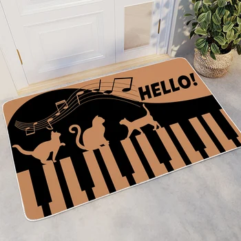 BlessLiving Hello Kawaii Cat Play Piano Pattern Small Carpet Simple Music Lovely Animal  Non-slip Area Rugs Kitchen Door Mats 1