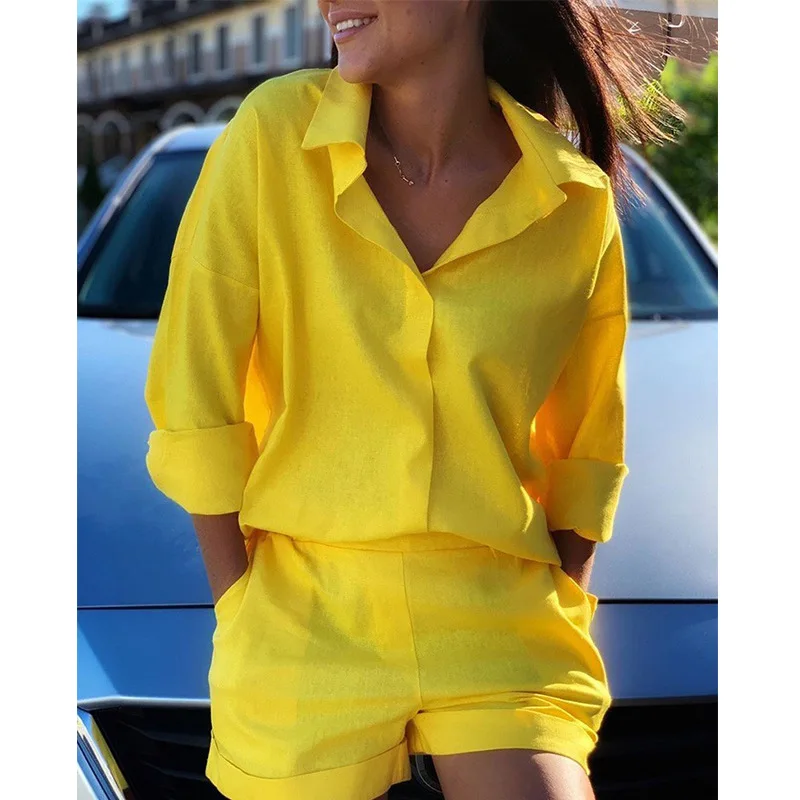 2022 Autumn New Solid Color Loose Lapel Long-sleeved Shirt Ladies Shorts Casual Suit