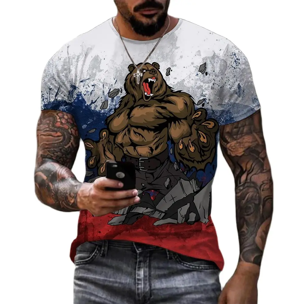 Fashion Russia Bear 3D Print Men's T-shirts Summer Round Neck Russian Flag Short Sleeve Men's Clothing Streetwear Oversized Tops