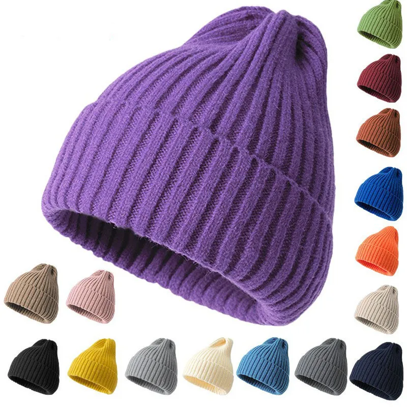 

New winter women's warm knitting Korean casual cold proof couple curled solid color versatile wool hat