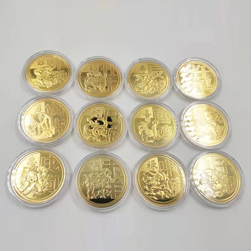 

12 Zodiac Gold Plated Collectible Coin For Luck Chinese Feng Shui Tiger Dragon Rabbit Horse Animal Commemorative Coins New Year