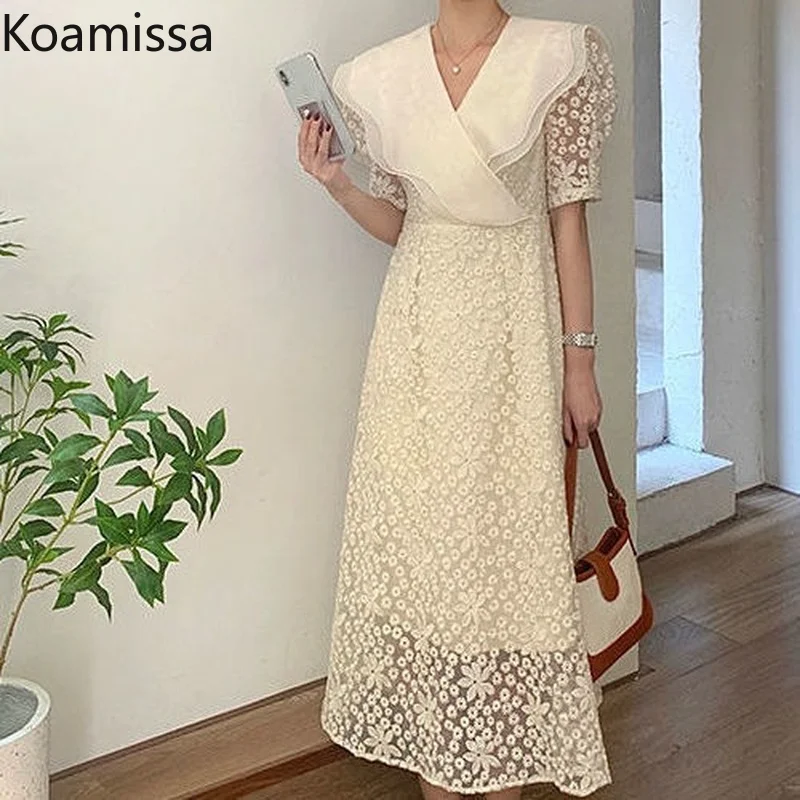 

Koamissa Vintage Women Sweet Lace Long Dress Short Sleeve V-neck A Line Vestidos Office Lady Out Wear Summer Dress Ropa Mujer