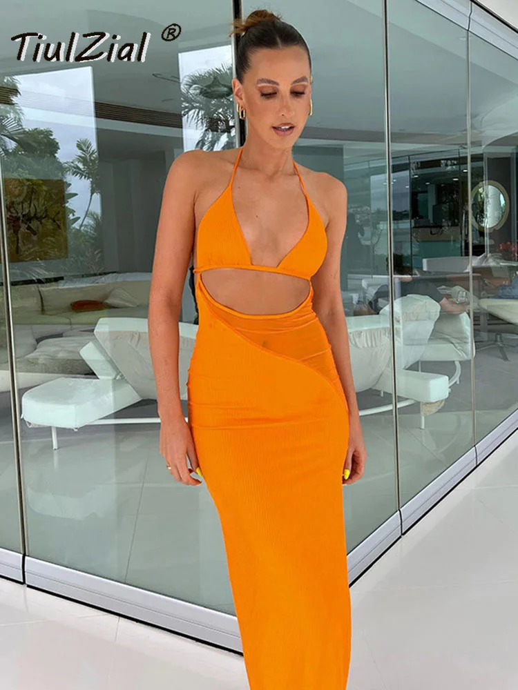

TiulZial Patchwork Mesh Cut Out Sexy Midi Dress Sleeveless Backless Summer Beach Club Party Bodycon Dress Women Outfit