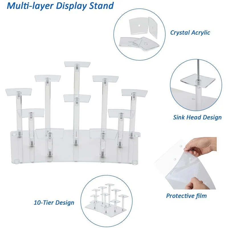 Стенд для выкладки на 10 уровней из акрила для кукол, капкейков, косметики, лака для ногтей, глиняных фигурок и ювелирных изделий.