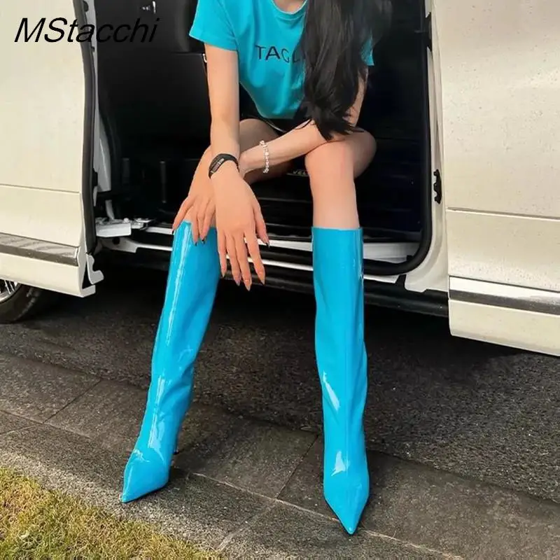 

Sexy Ladies Stiletto Runway Demonia Boots Pointed Toe High Heels Botas Femininas Shiny Patent Leather Women High Knee Boots