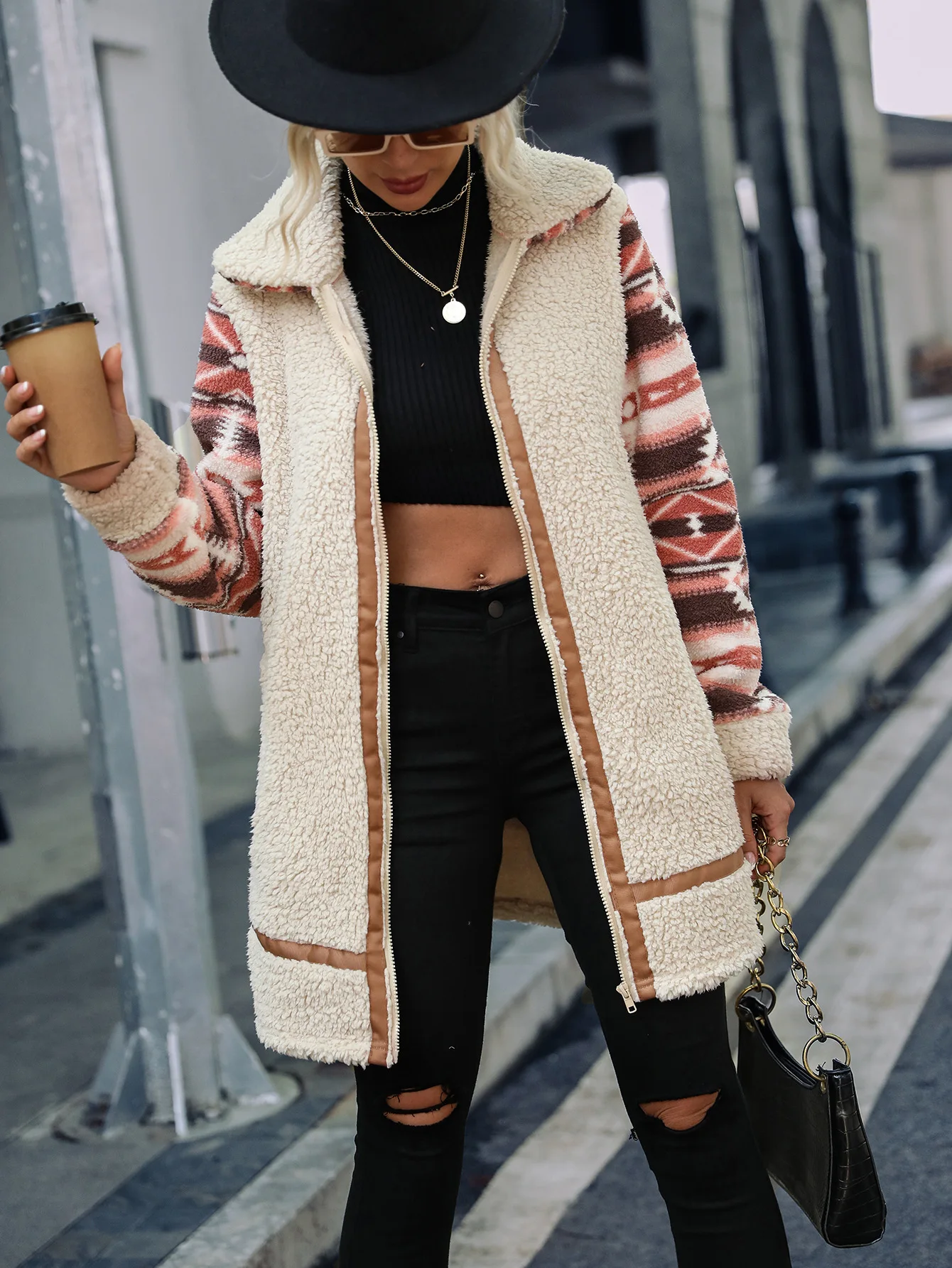 Fashionable new style women's cardigan grainy color blocking printing lapel long splicing zipper plush coat
